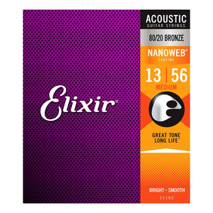 Elixir 11102 Nanoweb 80/20 Bronze Acoustic Guitar Strings 13-56