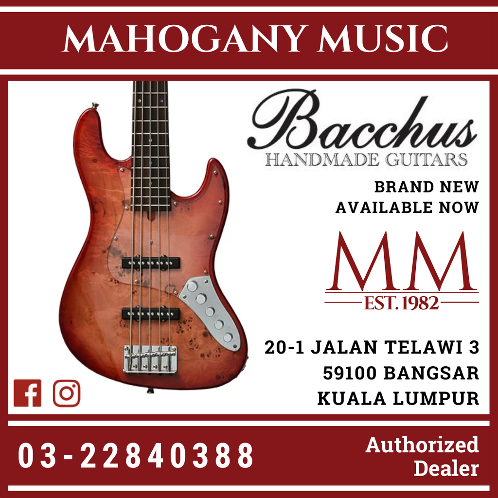 Bacchus WJB5-BP Act RD-B Red Burst 5-String Active Bass – Mahogany