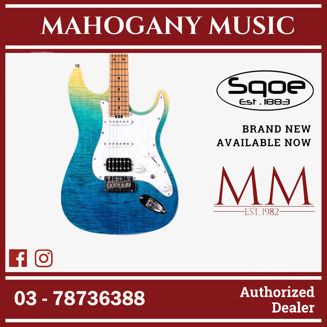 SQOE SEIB900 HSS Roasted Maple Series Electric Guitar with Tremolo ( SEIB / SEIB-900 ) Caribbean Fade Surf