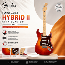 Fender Japan Hybrid II Stratocaster Electric Guitar, Maple FB, Flame Sunset Orange Transparent