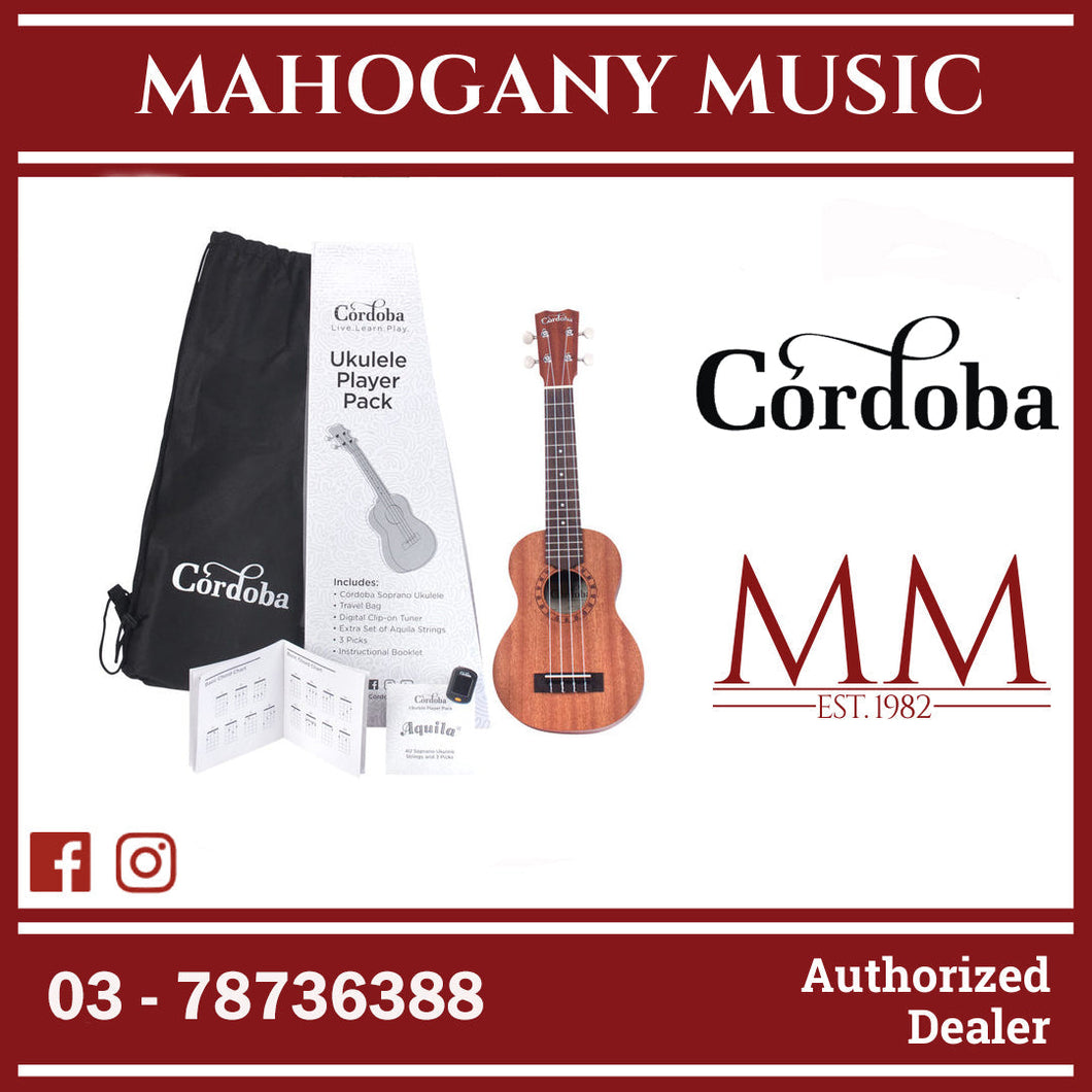 Cordoba Concert Ukulele Player Pack - Mahogany Top, Mahagony Back & Sides with Gig Bag, Instructional Book, and Strings