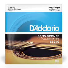 D’Addario EZ940 85/15 Bronze 12-String Acoustic Guitar Strings, Light, 10-50 Gauge