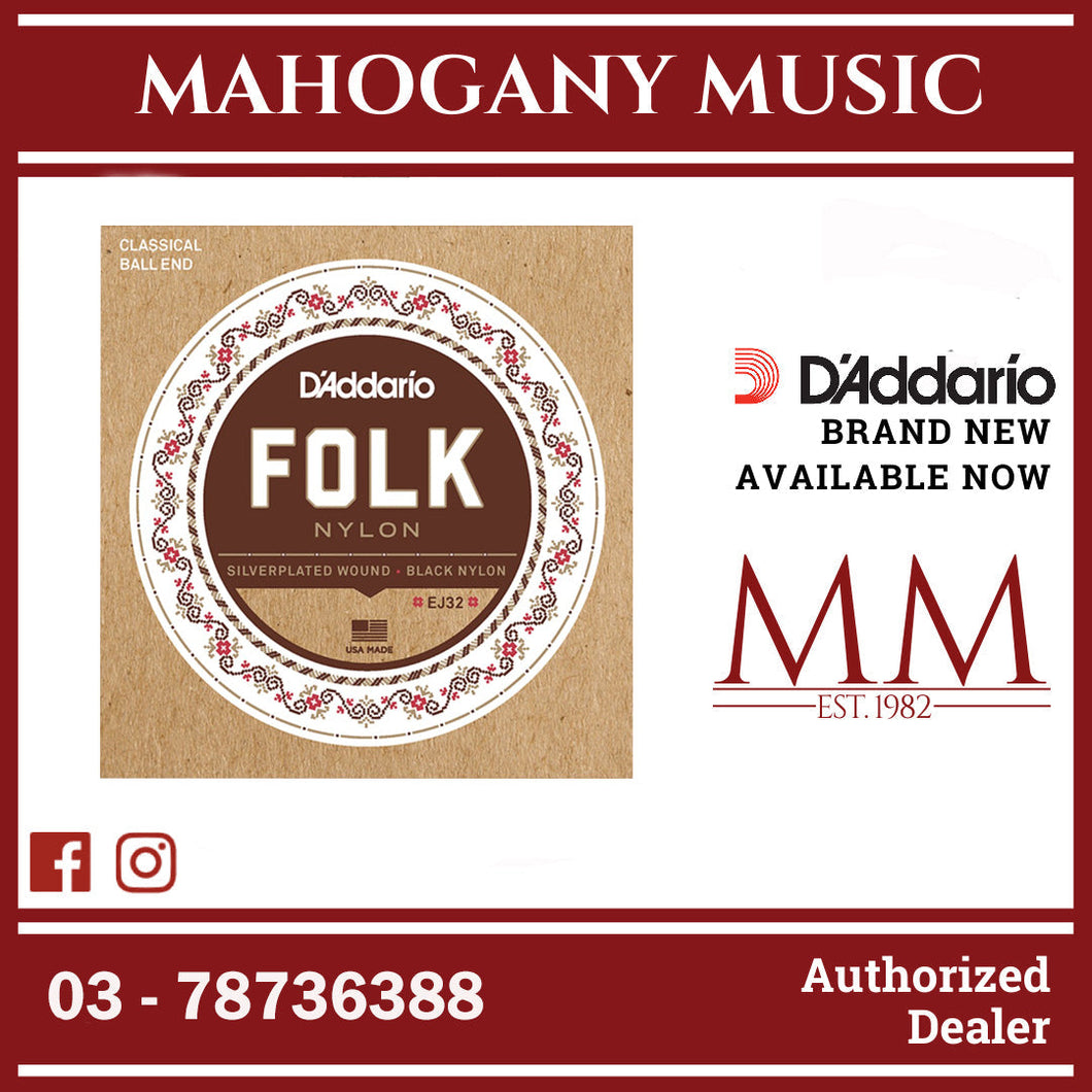 D'Addario EJ32 Silver-Wound/Black Nylon Classical Guitar Strings, Normal Tension Ball End