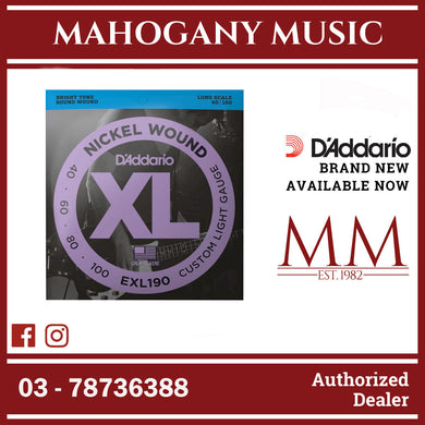 D'Addario EXL190 XL Nickel Wound Electric Bass Strings, Custom Light, Long Scale, 40-100 Gauge