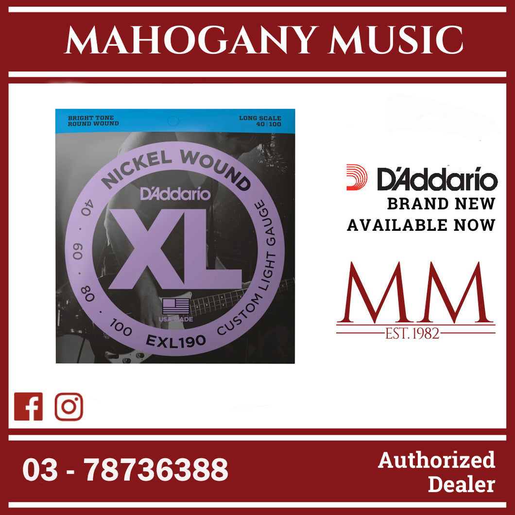 D'Addario EXL190 XL Nickel Wound Electric Bass Strings, Custom Light, Long Scale, 40-100 Gauge