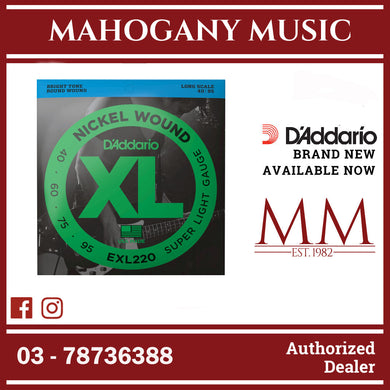 D'Addario EXL220 XL Nickel Wound Electric Bass Strings, Super Light, Long Scale, 40-95 Gauge