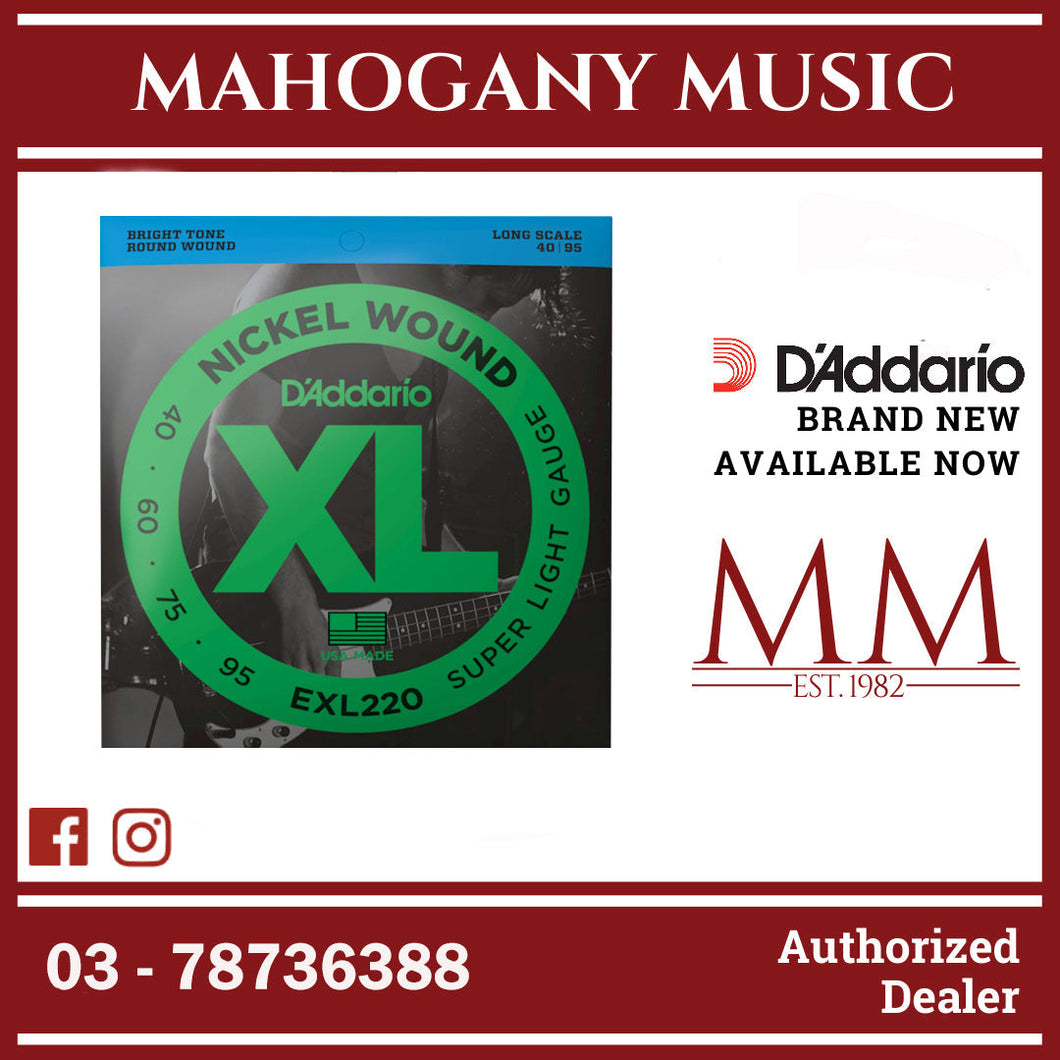 D'Addario EXL220 XL Nickel Wound Electric Bass Strings, Super Light, Long Scale, 40-95 Gauge