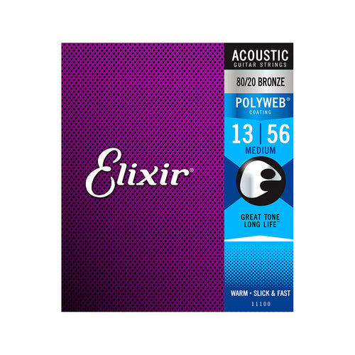 Elixir 11100 Polyweb 80/20 Bronze Acoustic Guitar Strings, Medium, 13-56