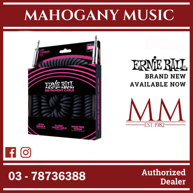 Ernie Ball P06044 Coiled Straight to Straight Instrument Cable, Black, 30ft