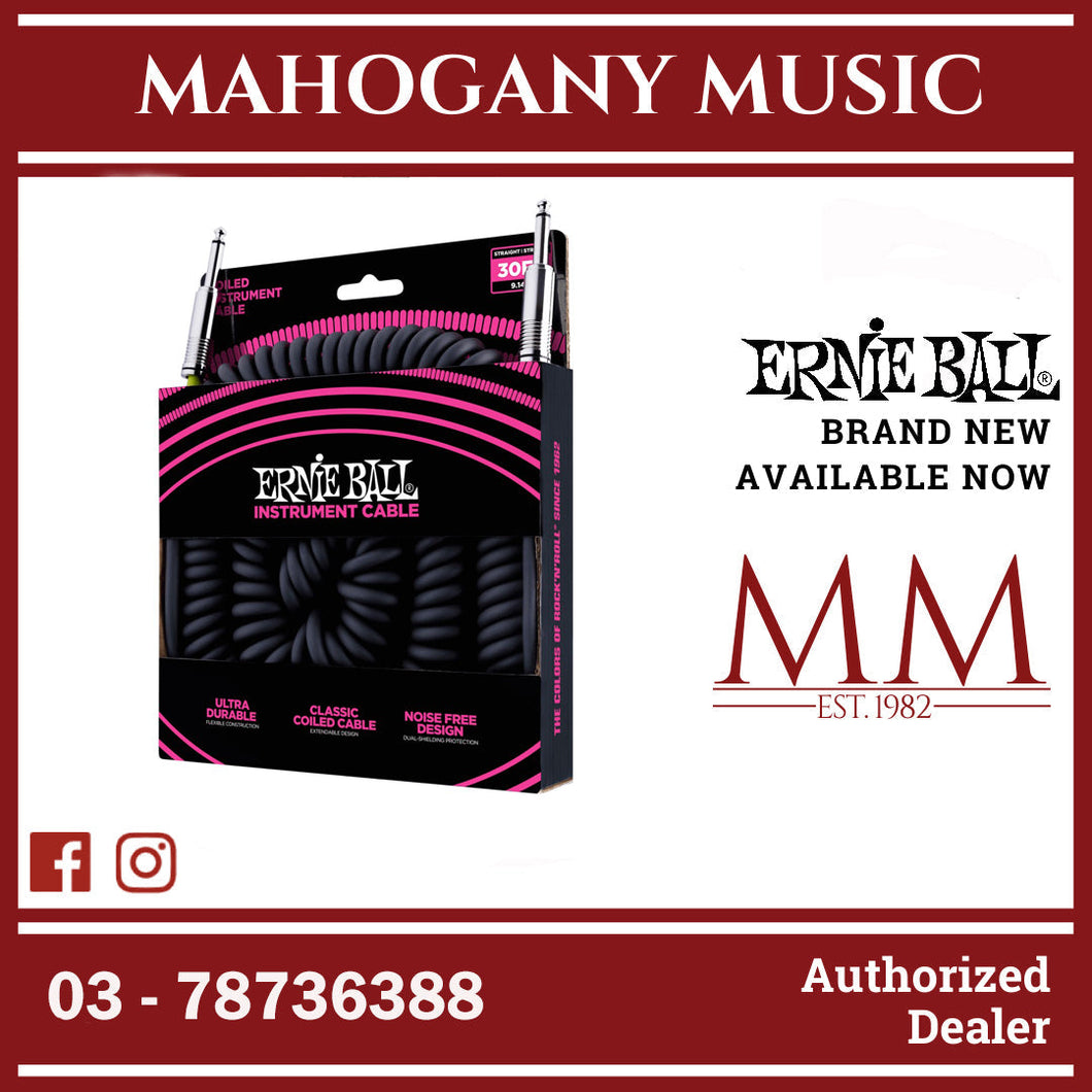 Ernie Ball P06044 Coiled Straight to Straight Instrument Cable, Black, 30ft