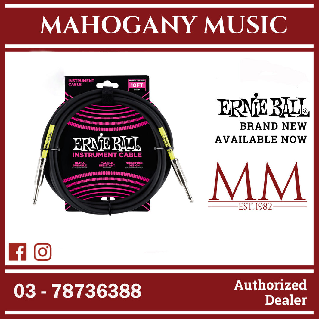 Ernie Ball P06048 Straight to Straight Instrument Cable, Black, 10ft
