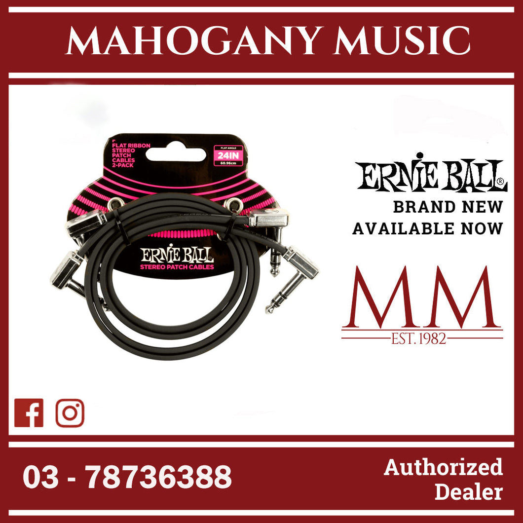 Ernie Ball P06406 Flat Ribbon Stereo Patch Cable, Right Angle to Right Angle, Black, 24-inch, 2-Pack