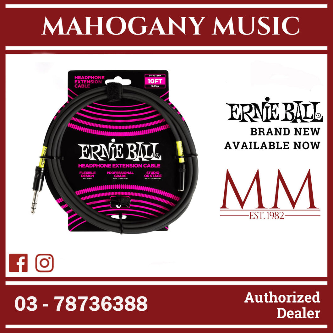 Ernie Ball P06422 Headphone Extension Cable 1/4 to 3.5mm 10 Ft, Black