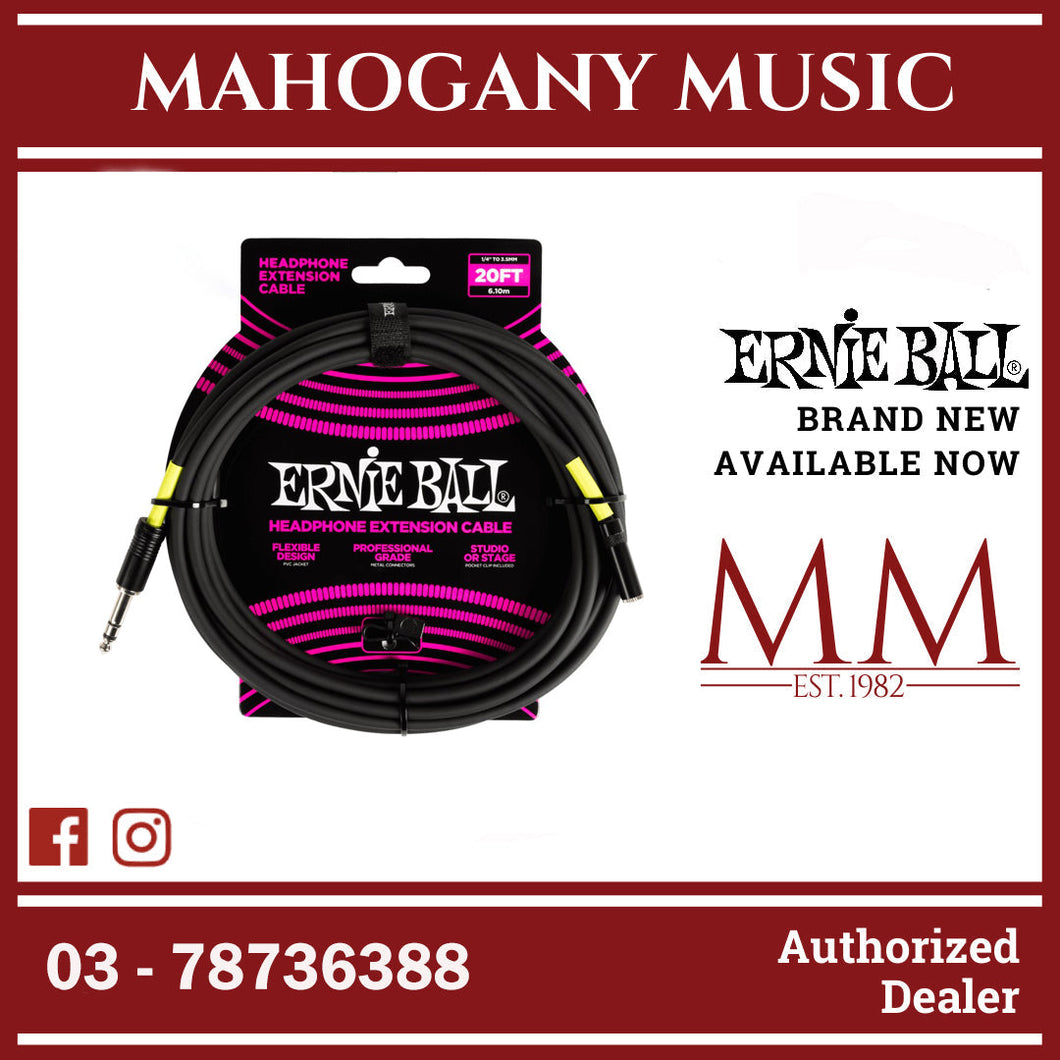 Ernie Ball P06423 Headphone Extension Cable 1/4 to 3.5mm 20 Ft, Black