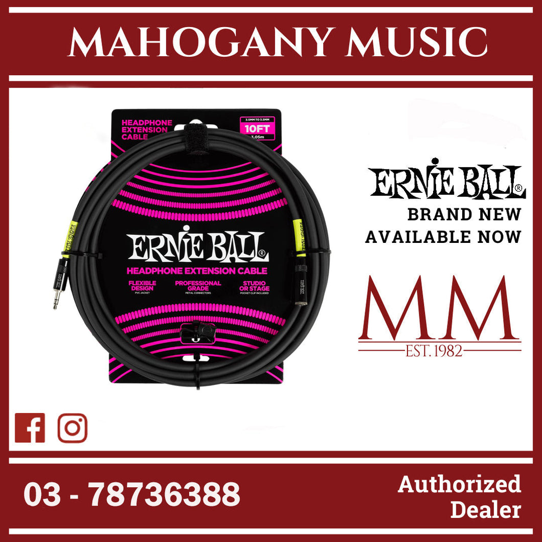 Ernie Ball P06424 Headphone Extension Cable 3.5mm to 3.5mm 10 Ft, Black