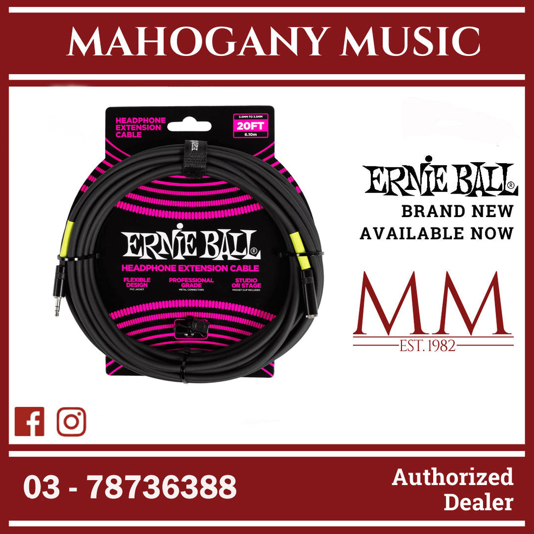 Ernie Ball P06425 Headphone Extension Cable 3.5mm to 3.5mm 20 Ft, Black