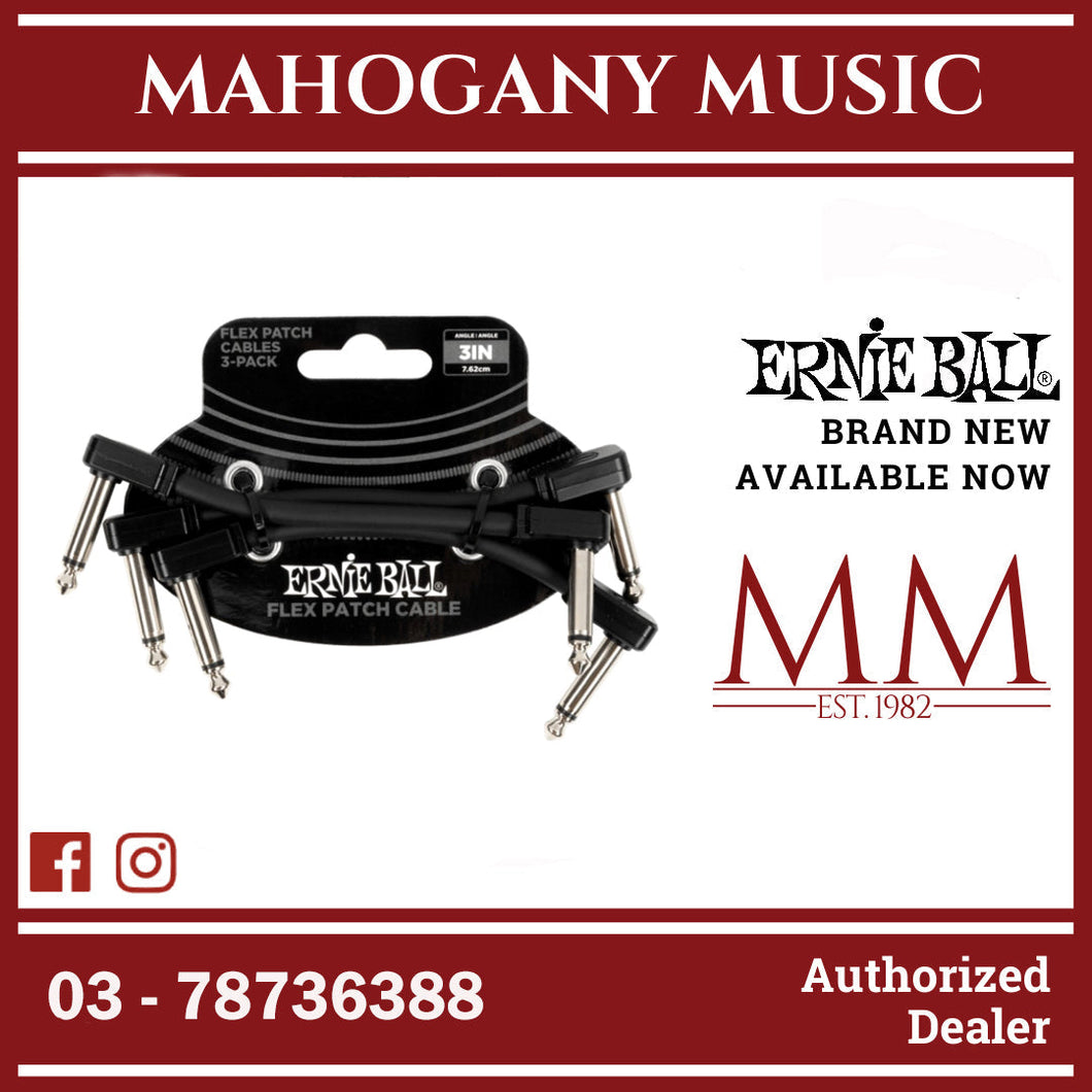 Ernie Ball P06443 FLEX Instrument Patch Cable 3 Inch Black, 3 Pack