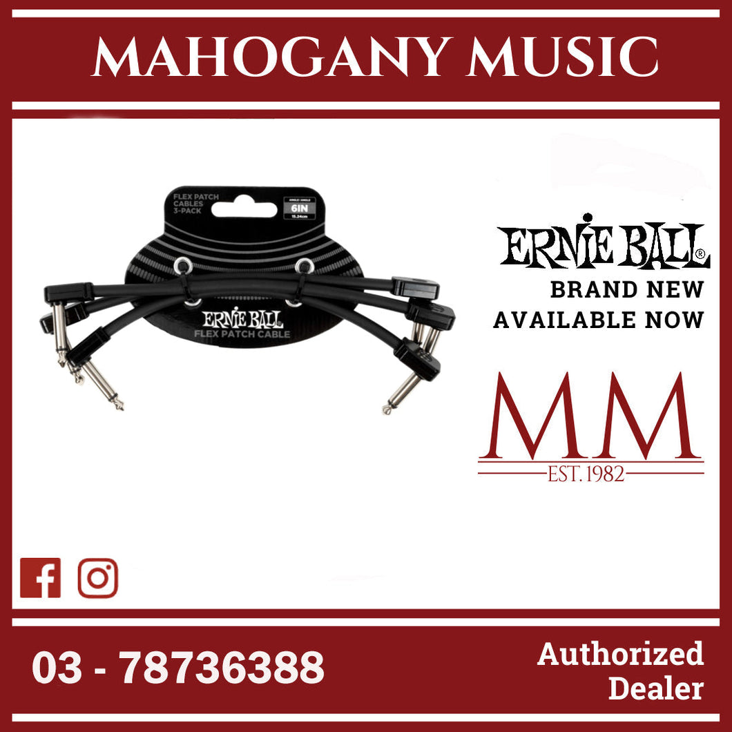 Ernie Ball P06444 FLEX Instrument Patch Cable 6 Inch Black, 3 Pack