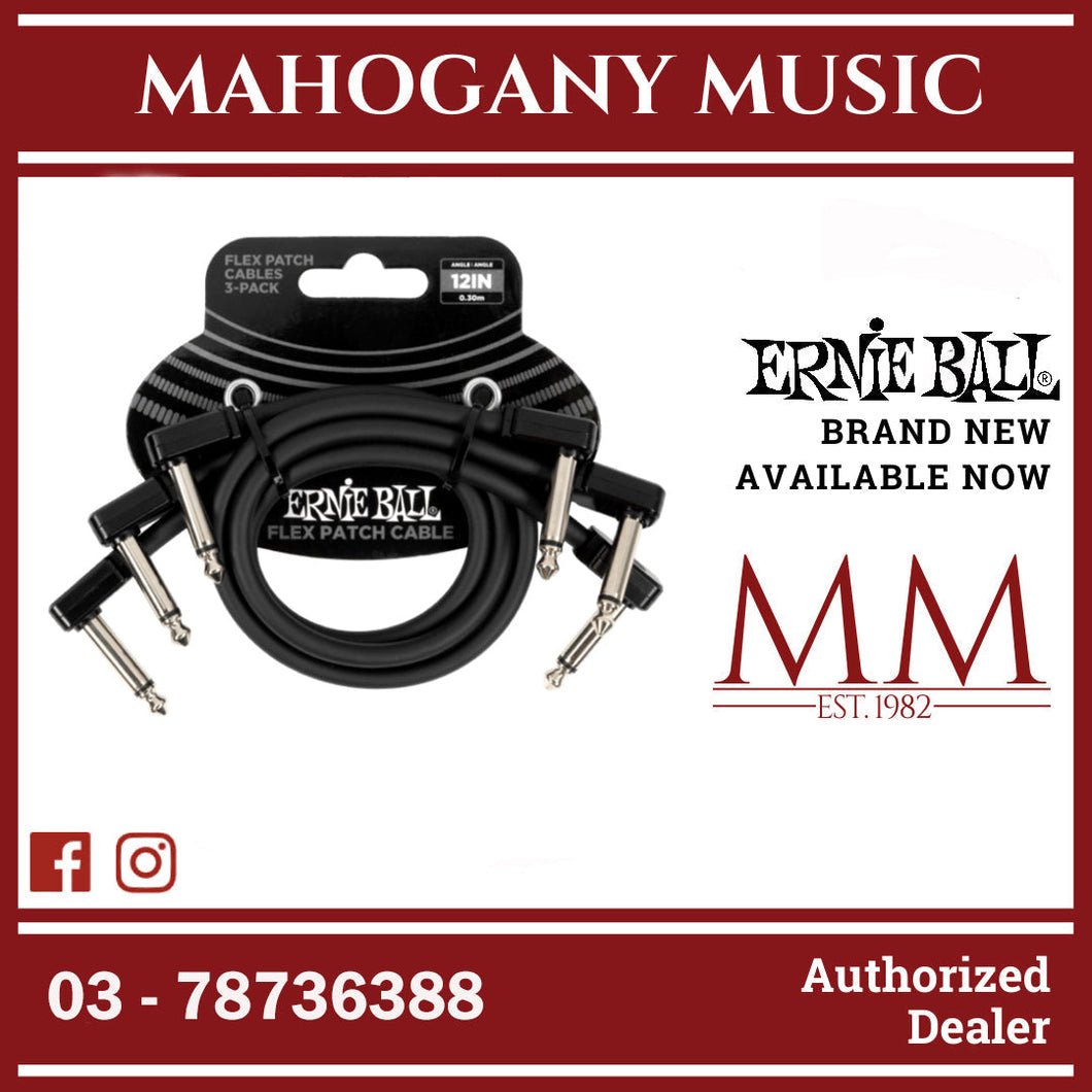 Ernie Ball P06445 FLEX Instrument Patch Cable 12 Inch Black, 3 Pack