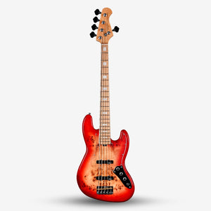 SQOE SJB750 Roasted Maple Series 5 string Jazz Bass Guitar / SJB 750 / SJB-750 Lava Red Fade
