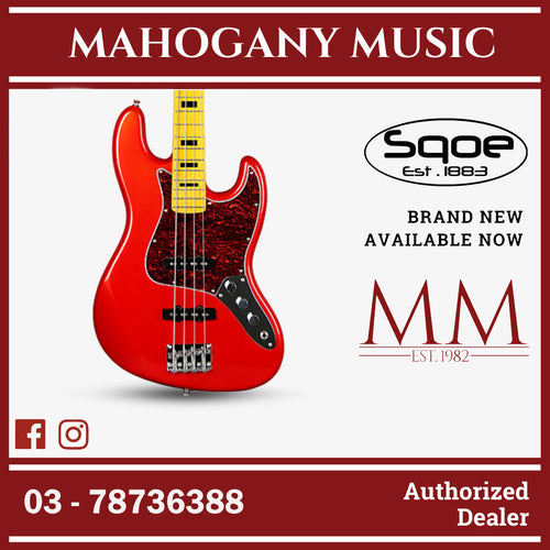SQOE Jazz 4 String Bass Guitar, Maple Fretboard ( JB4BS-300 / SQ-JB4BS-300 / JB4BS ) Red