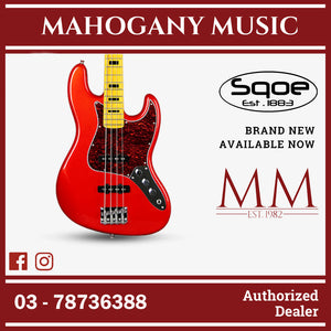 SQOE Jazz 4 String Bass Guitar, Maple Fretboard ( JB4BS-300 / SQ-JB4BS-300 / JB4BS ) Red