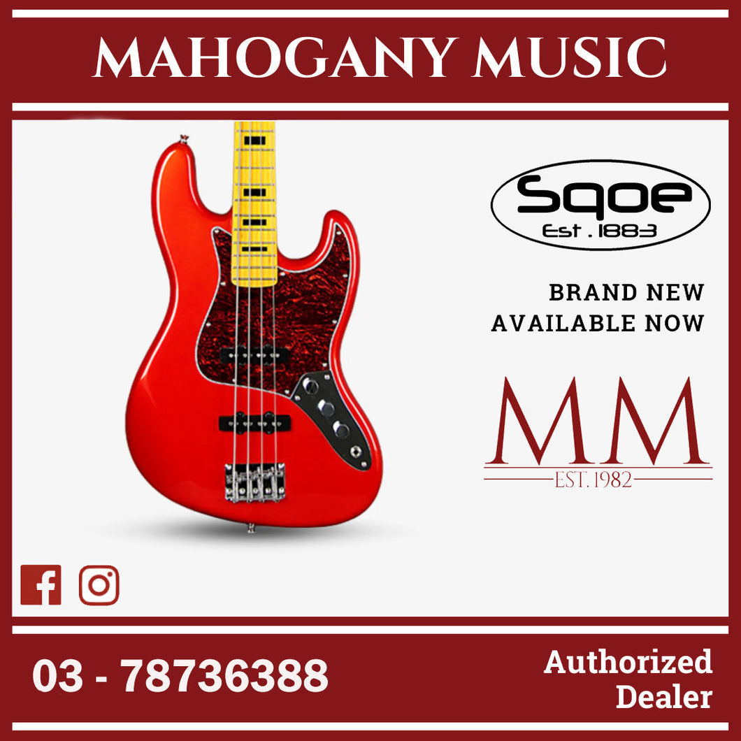 SQOE Jazz 4 String Bass Guitar, Maple Fretboard ( JB4BS-300 / SQ-JB4BS-300 / JB4BS ) Red