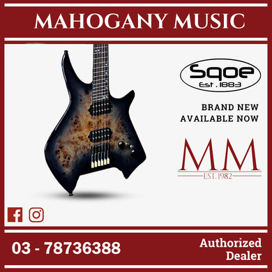 SQOE SEIB992 Headless Burl Maple, Mahogany HH Electric Guitar ( SEIB-992 / SE-IE992 / SEIE ) Black