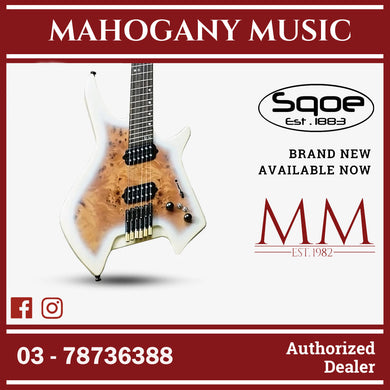 SQOE SEIB992 Headless Burl Maple, Mahogany HH Electric Guitar ( SEIB-992 / SE-IE992 / SEIE ) White
