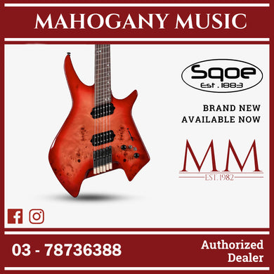 SQOE SEIB992 Headless Burl Maple, Mahogany HH Electric Guitar ( SEIB-992 / SE-IE992 / SEIE ) Cherry Sunburst