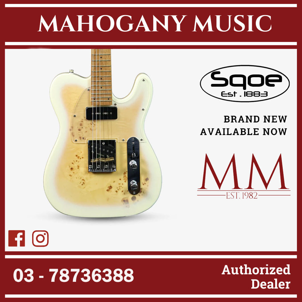 SQOE SETL550 Burl Mahogany with Roasted Maple Fretboard Telecaster Electric Guitar ( SETL / SETL-550 / SETL 550 / Tele ) White
