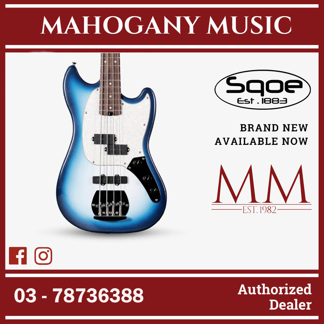 SQOE SJB400 Short Scale 4 String Jazz Bass Guitar, Roasted Maple Neck, Rosewood Fretboard ( SQSJB400 / SJB-400 / SJB ) Blue