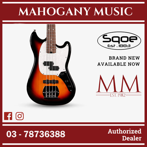 SQOE SJB400 Short Scale 4 String Jazz Bass Guitar, Roasted Maple Neck, Rosewood Fretboard ( SQSJB400 / SJB-400 / SJB ) Sunburst