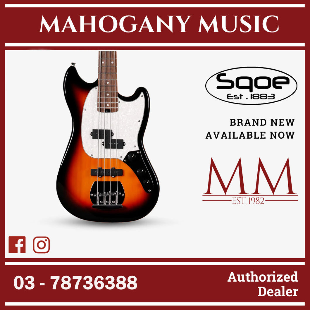SQOE SJB400 Short Scale 4 String Jazz Bass Guitar, Roasted Maple Neck, Rosewood Fretboard ( SQSJB400 / SJB-400 / SJB ) Sunburst
