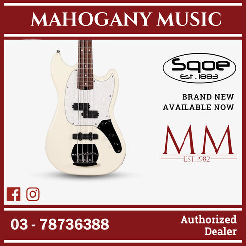 SQOE SJB400 Short Scale 4 String Jazz Bass Guitar, Roasted Maple Neck, Rosewood Fretboard ( SQSJB400 / SJB-400 / SJB ) White