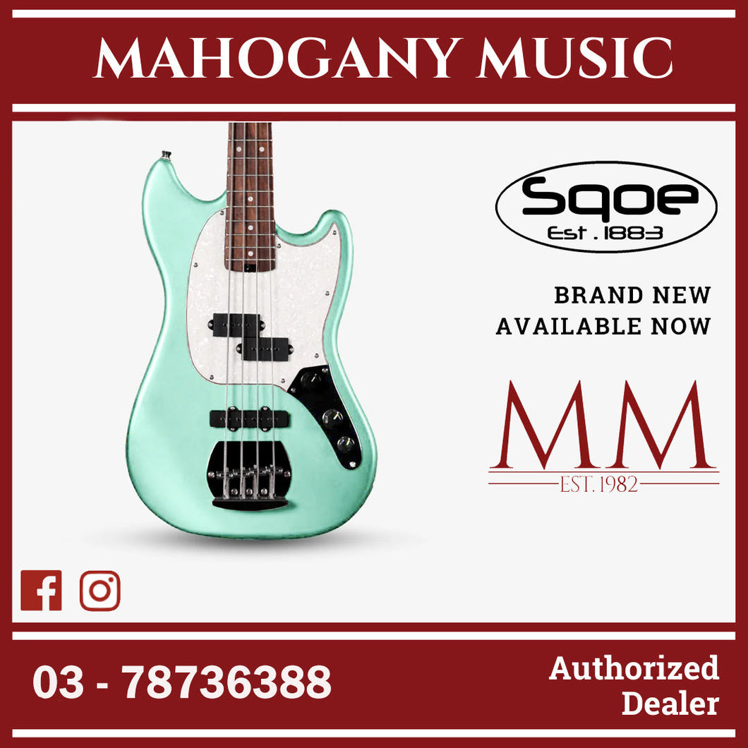 SQOE SJB400 Short Scale 4 String Jazz Bass Guitar, Roasted Maple Neck, Rosewood Fretboard ( SQSJB400 / SJB-400 / SJB ) Green