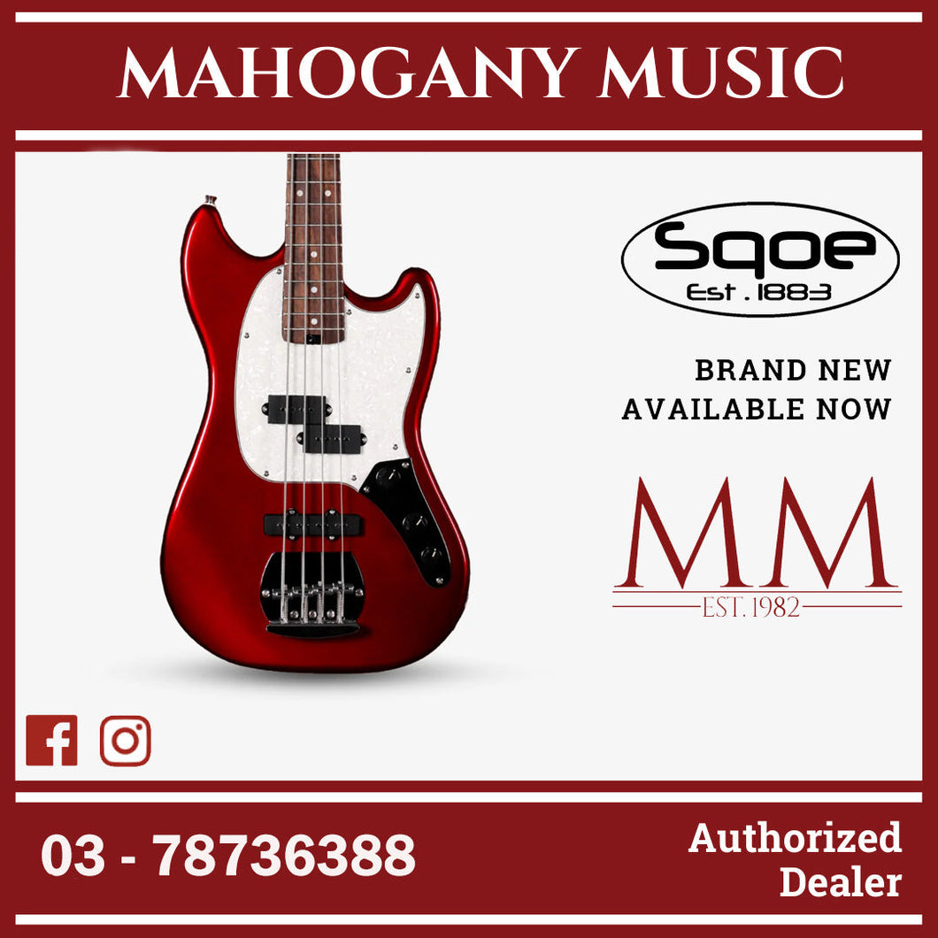 SQOE SJB400 Short Scale 4 String Jazz Bass Guitar, Roasted Maple Neck, Rosewood Fretboard ( SQSJB400 / SJB-400 / SJB ) Red
