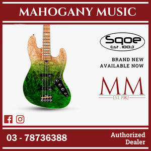 SQOE SJB700 Roasted Maple Series 4 string Jazz Bass Guitar / SJB 700 / SJB-700 Moss Green Fade