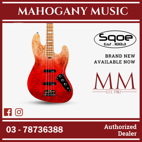 SQOE SJB700 Roasted Maple Series 4 string Jazz Bass Guitar / SJB 700 / SJB-700 Lava Red Fade