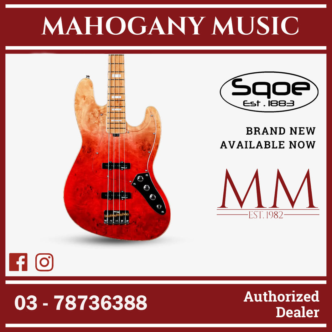 SQOE SJB700 Roasted Maple Series 4 string Jazz Bass Guitar / SJB 700 / SJB-700 Lava Red Fade
