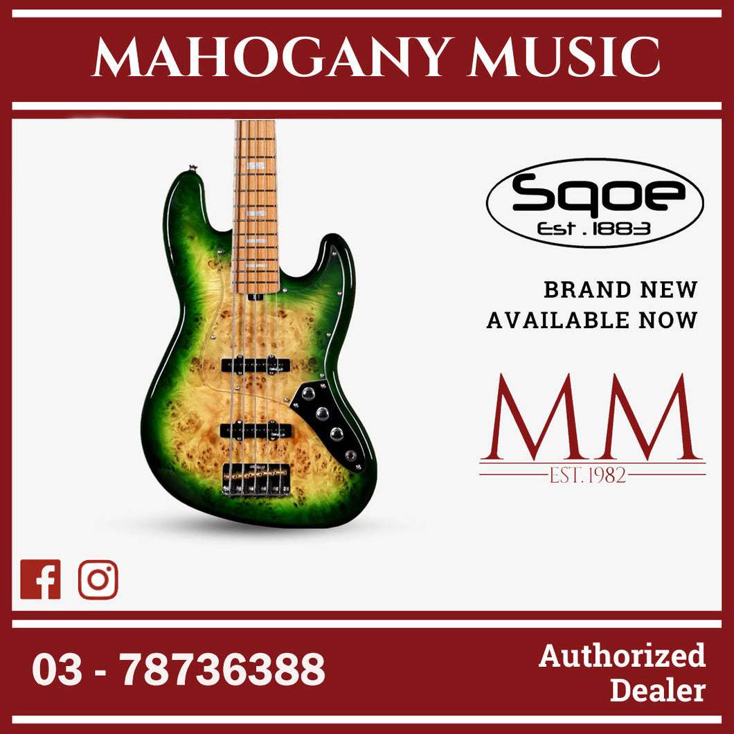 SQOE SJB750 Roasted Maple Series 5 string Jazz Bass Guitar / SJB 750 / SJB-750 Moss Green Fade