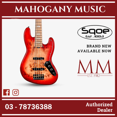 SQOE SJB750 Roasted Maple Series 5 string Jazz Bass Guitar / SJB 750 / SJB-750 Lava Red Fade
