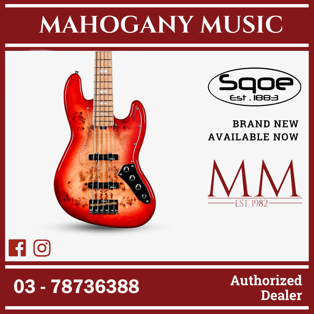 SQOE SJB750 Roasted Maple Series 5 string Jazz Bass Guitar / SJB 750 / SJB-750 Lava Red Fade
