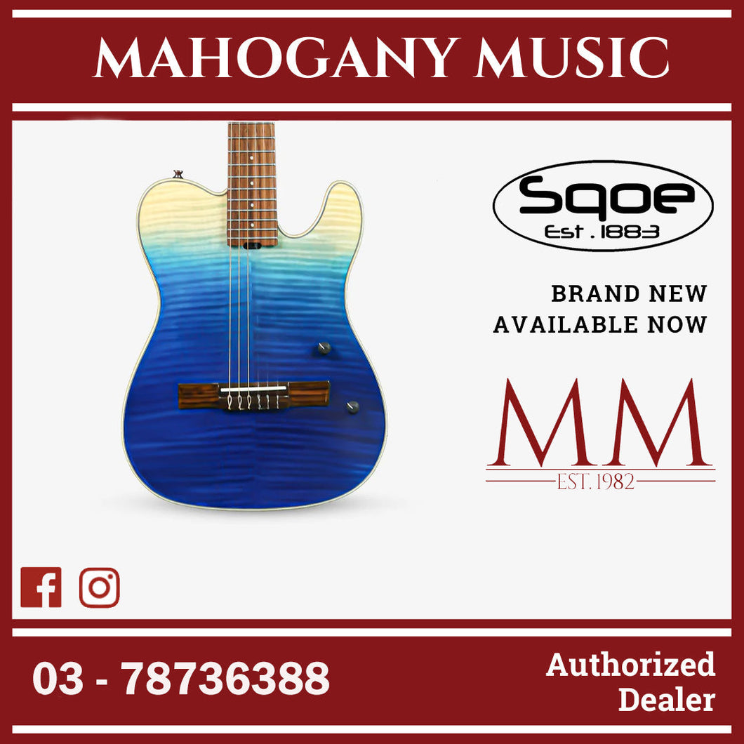 SQOE Spain SEGD900 Electroacoustic Silent Nylon Guitar with Piezo Pickups, Quilted Maple Top Caribbean Fade Surf