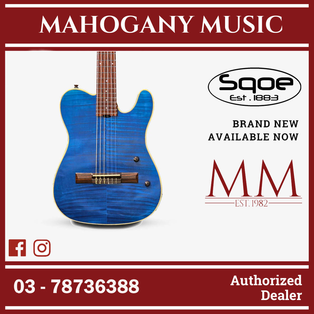 SQOE Spain SEGD900 Electroacoustic Silent Nylon Guitar with Piezo Pickups, Quilted Maple Top Blue