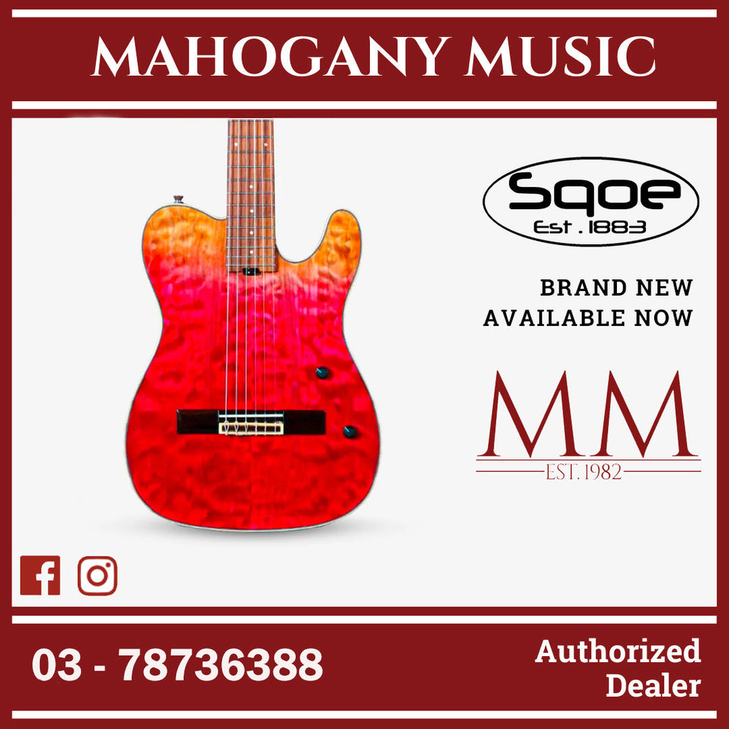 SQOE Spain SEGD900 Electroacoustic Silent Nylon Guitar with Piezo Pickups, Quilted Maple Top Strawberry Red