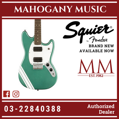 Squier FSR Bullet Competition HH Mustang Guitar w/ Olympic White Stripes, Laurel FB, Sherwood Green