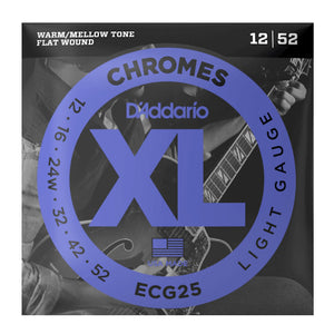D'Addario ECG25 XL Chromes Flat Wound Electric Guitar Strings, Light, 12-52 Gauge