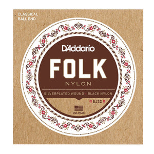 D'Addario EJ32 Silver-Wound/Black Nylon Classical Guitar Strings, Normal Tension Ball End
