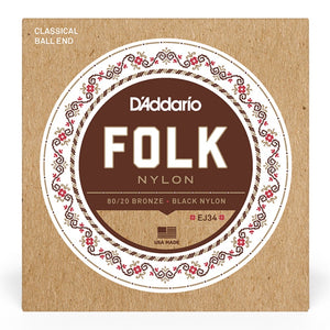 D'Addario EJ34 80/20 Bronze/Black Nylon Classical Guitar Strings, Normal Tension Ball End